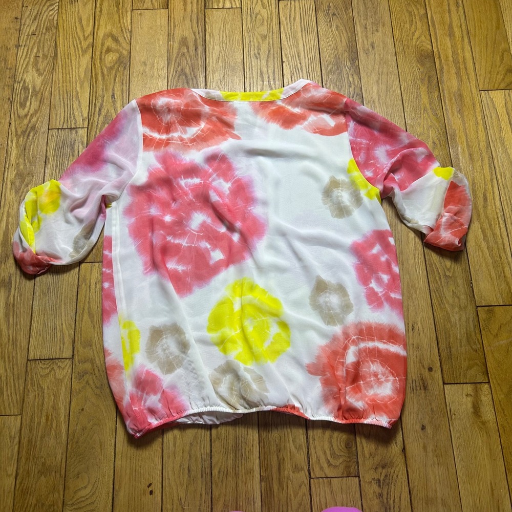 Calvin Klein Pink Yellow Tie Dye Bubble Hem Roll Tab Blouse XL - Picture 2 of 4